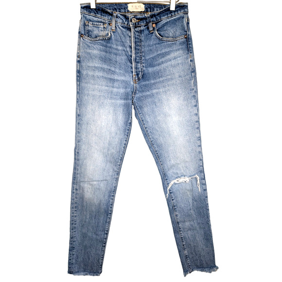 Free People High Rise Distressed Denim Frayed Hem Button Fly Moto Boho Jean 28 - Picture 1 of 7